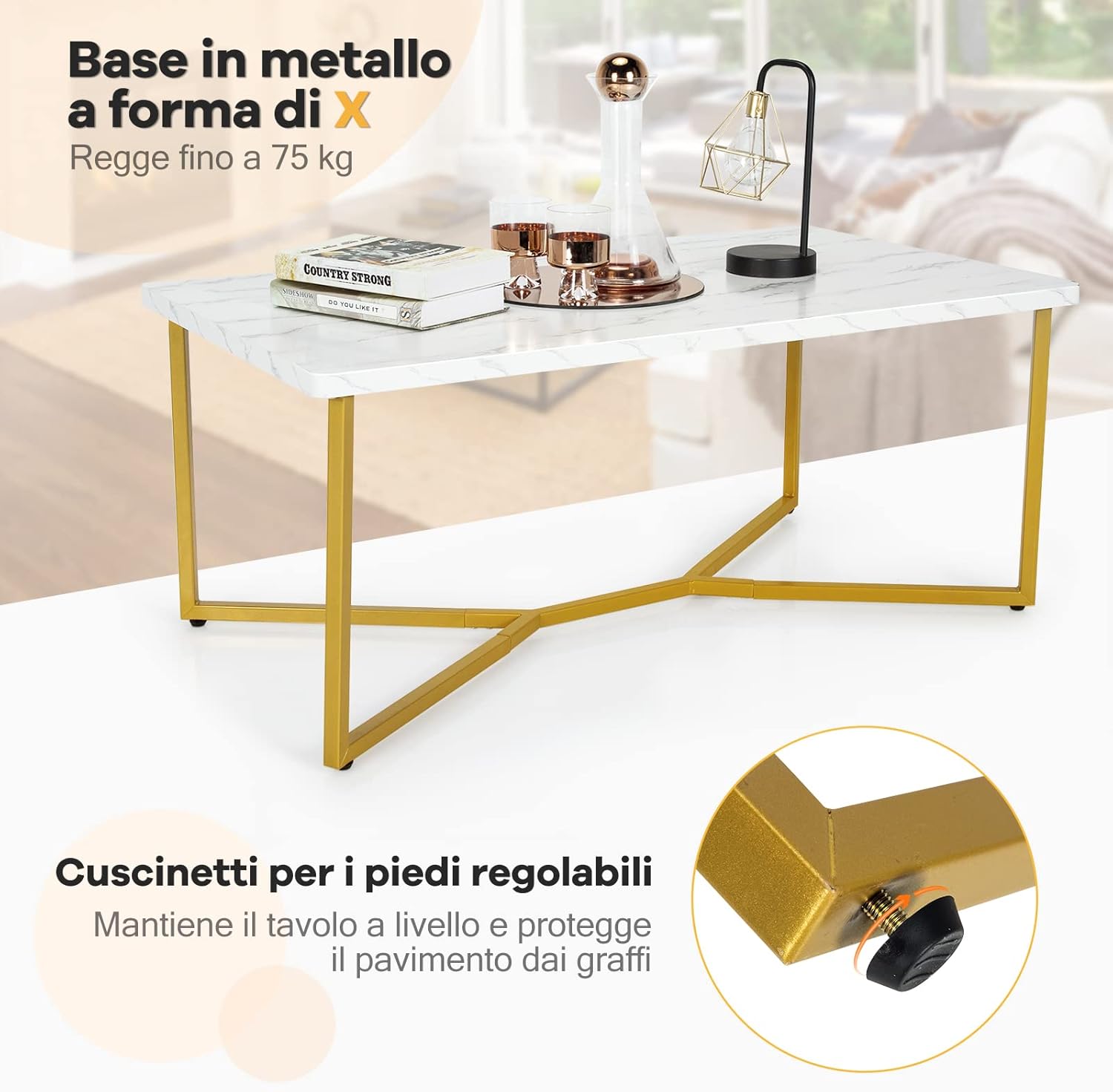 Tavolino Basso da Caffè per Salotto Soggiorno, Tavolino Rettengolare, con Effeto Marmo Bianco Lucido, 107 x 60 x 45,5 cm