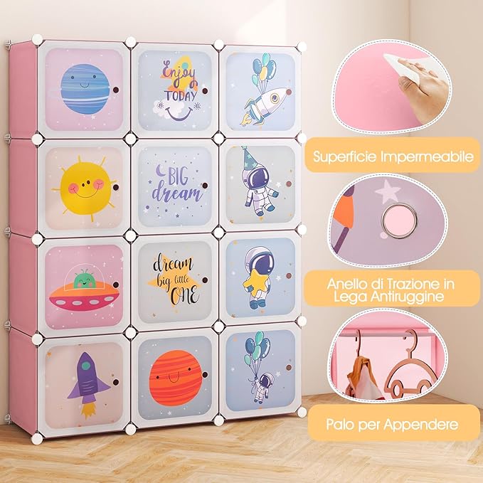 Portatile Guardaroba per Bambini, Armadio Guardaroba Modulare per Bambini con 2 Barre Appendiabiti, per Cameretta Camera da Letto, 107 x 36 x 142 cm (Rosa)