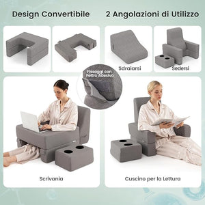 Set di 3 Cuscini da Lettura, Cuscino per Leggere con Tasca Laterale Portabicchieri e Cuscino a Cuneo per Schiena con Appoggio, per Rissarsi Leggere e Giocare, Grigio