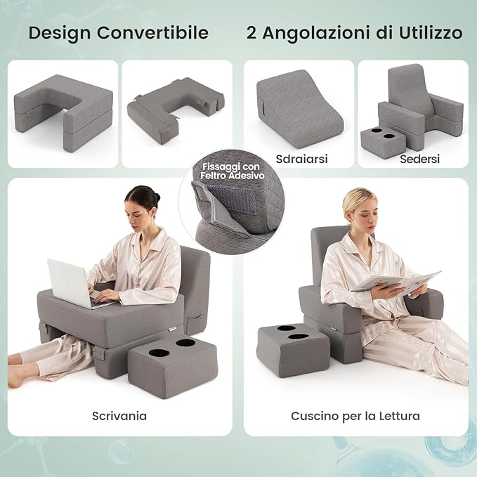 Set di 3 Cuscini da Lettura, Cuscino per Leggere con Tasca Laterale Portabicchieri e Cuscino a Cuneo per Schiena con Appoggio, per Rissarsi Leggere e Giocare, Grigio