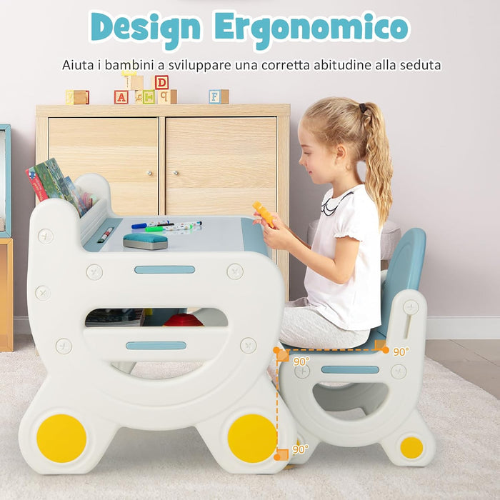 Set Tavolo e sedia per Bambini, Tavolo per Bambini con Sedia, Tavolo da Disegno Cancellabile e Ripiano, per Disegnare, Leggere, Giocare, Ideale per Bambini 3-8 Anni (Blu)