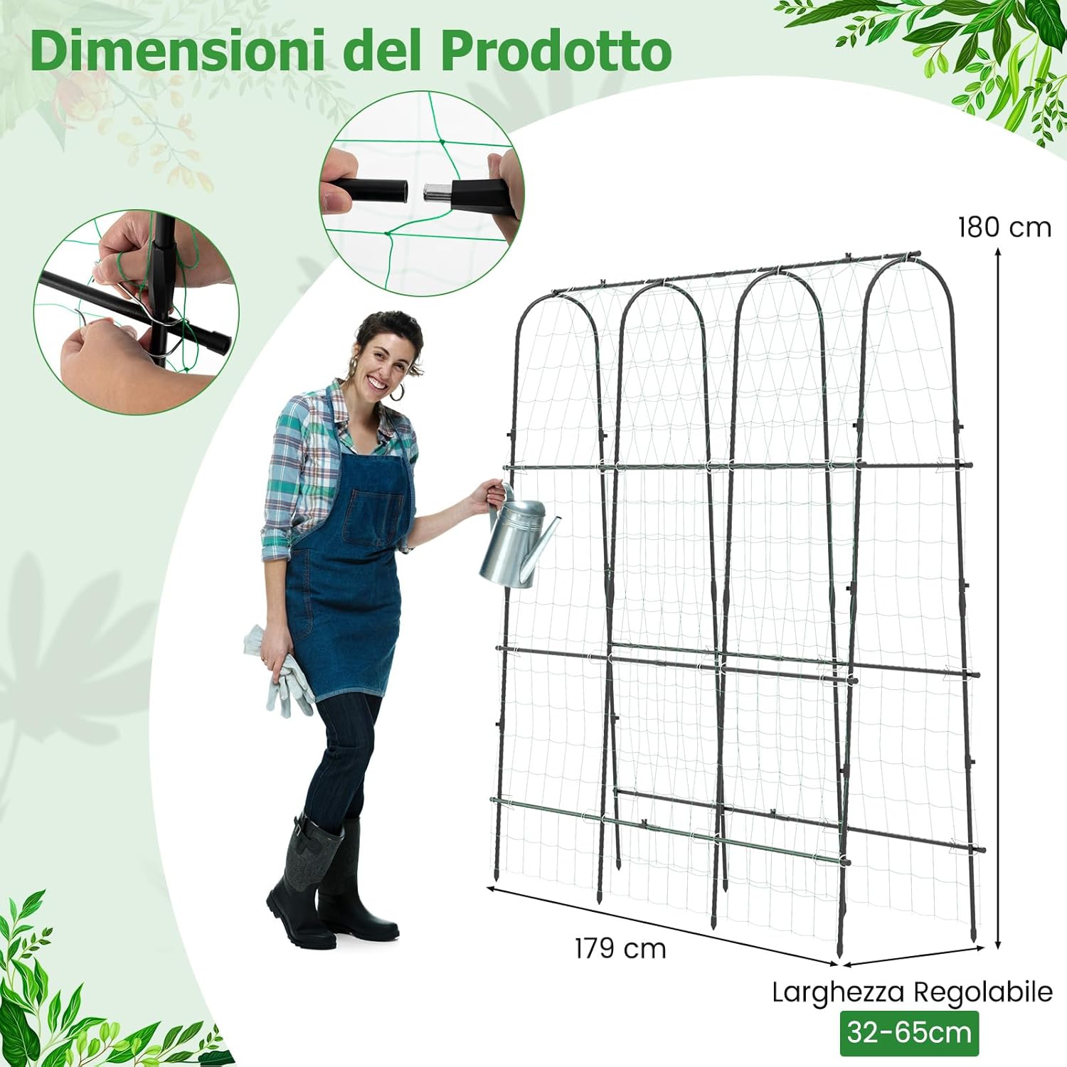 Traliccio per Piante Rampicanti ad Arco 179 x 180 cm, Trellis Alto a Forma di U per Cetrioli da Letto Rialzato con Rete, Supporto per Piante all'Aperto per Frutta e Fiori