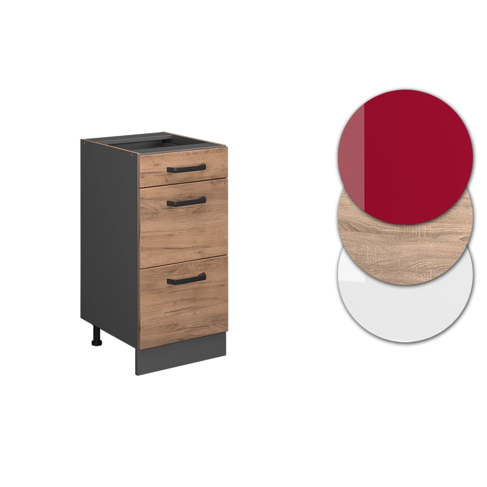 Mobiletto base per cucina R-Line Rovere dorato/Antracite 40 cm con cassetti, senza piano di lavoro Vicco