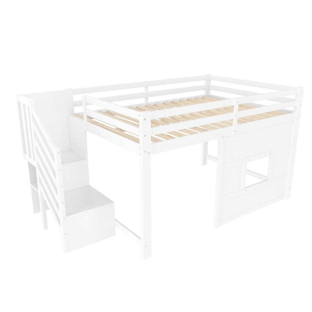 Letto a soppalco con scala contenitore e finestra, 140x200 cm, bianco