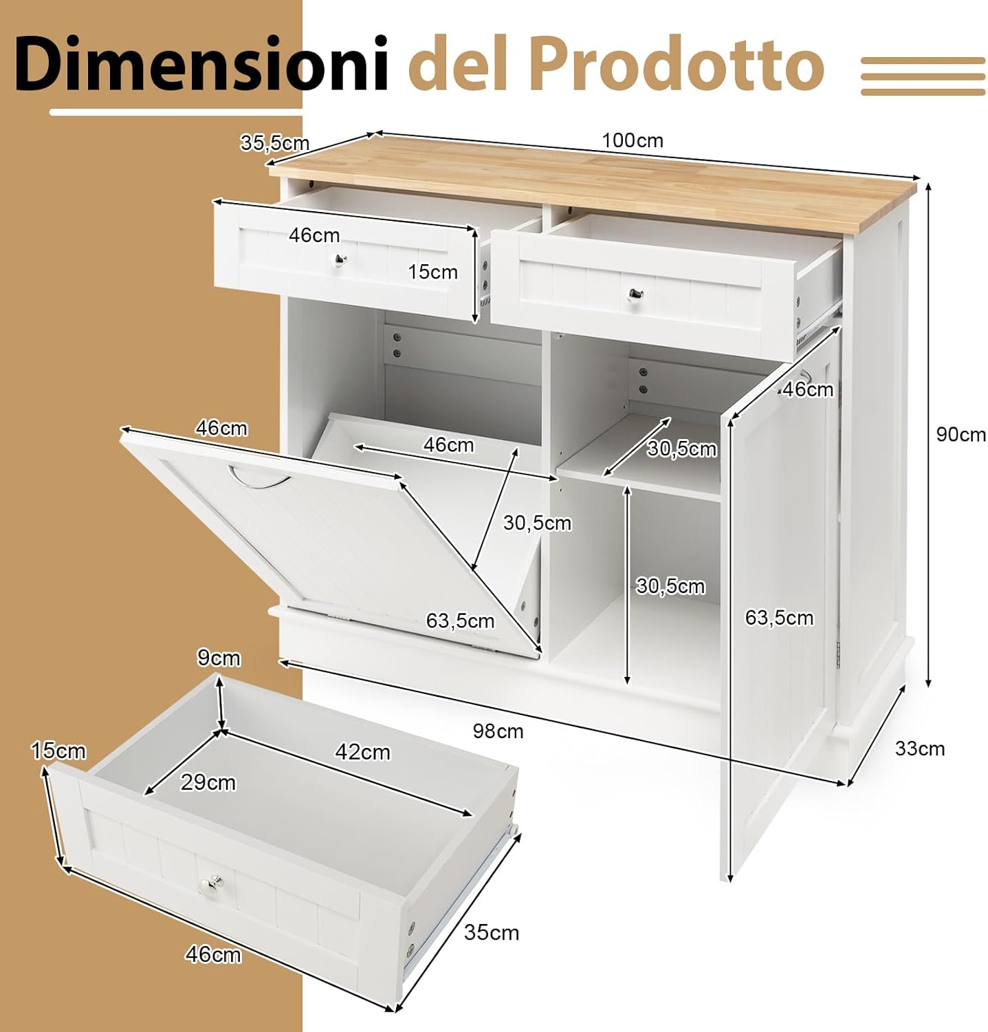 Credenza Cucina con 42L Pattumiera, Mobile per Pattumiera Ribaltabile con Piano in Legno di Gomma 2 Cassetti e Ripiano Regolabile, 100x35,5x90 cm (Bianco)