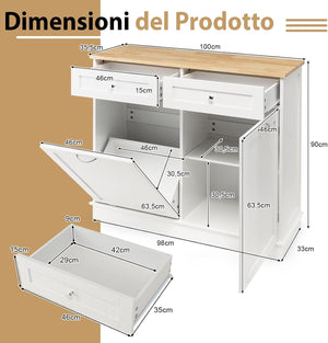 Credenza Cucina con 42L Pattumiera, Mobile per Pattumiera Ribaltabile con Piano in Legno di Gomma 2 Cassetti e Ripiano Regolabile, 100x35,5x90 cm (Bianco)