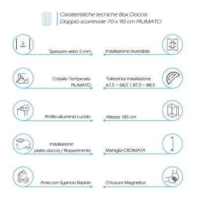 Box doccia 70x90 angolare doppio scorrevole con vetro temperato opaco e profili cromo Geo