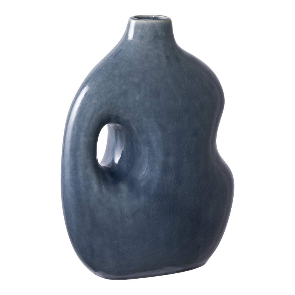 Vaso in ceramica blu con forma organica e manico 18,5x9,5x24,5 cm