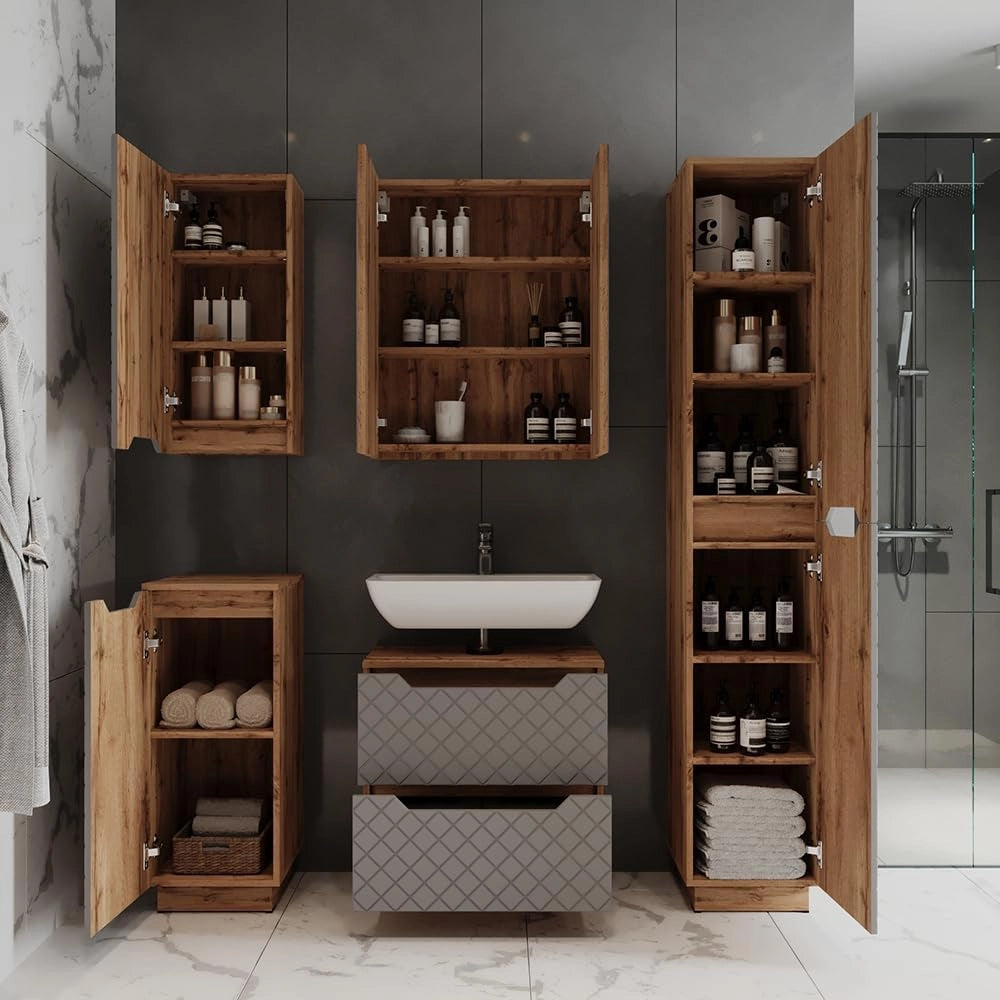 Set di mobili da bagno Lotta, Rovere/grigio con struttura in piastrelle, 4 parti