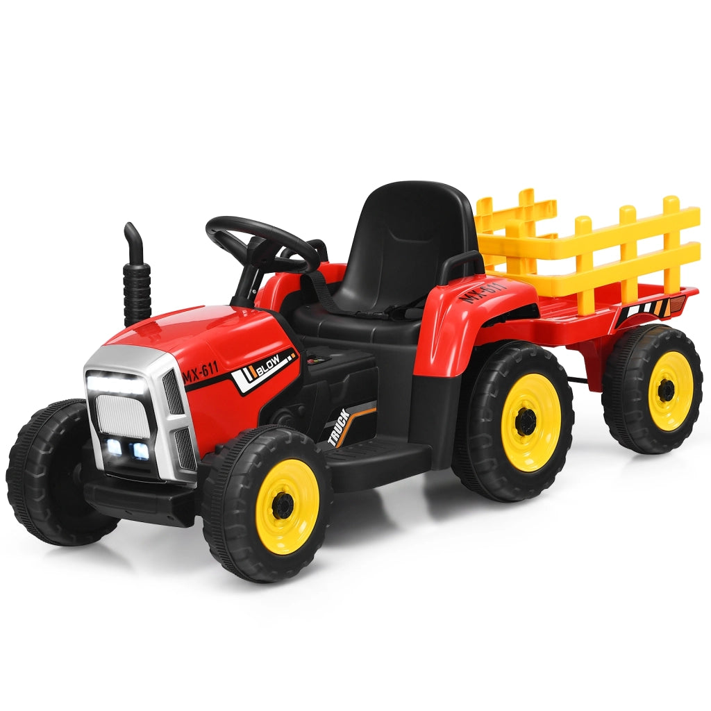 Trattore giocattolo elettrico con 3 marce luci led musica clacson, Trattore con rimorchio 12 v per bambini Rosso-Macchinine giocattoli