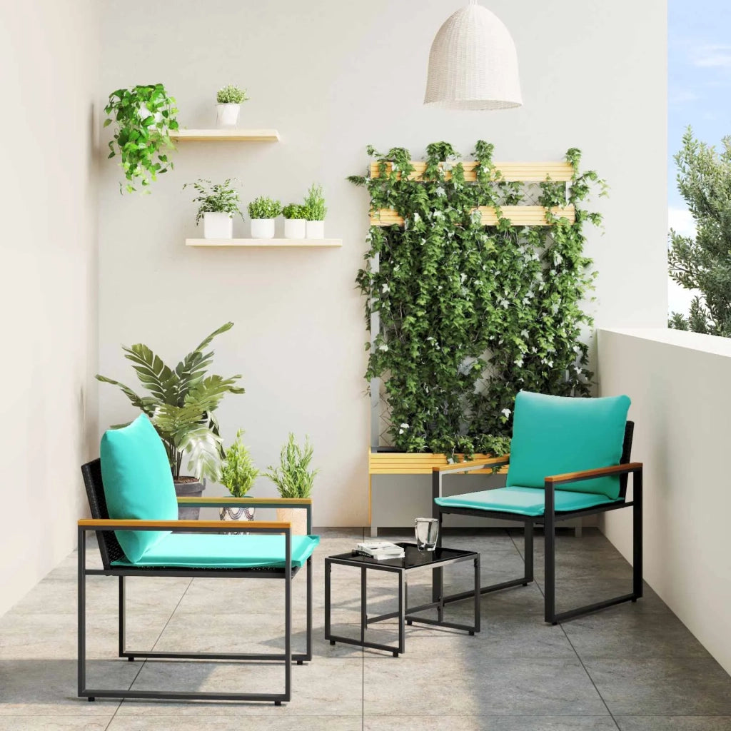 Set di Mobili con cuscino 3 pcs Nero e Turchese Rattan
