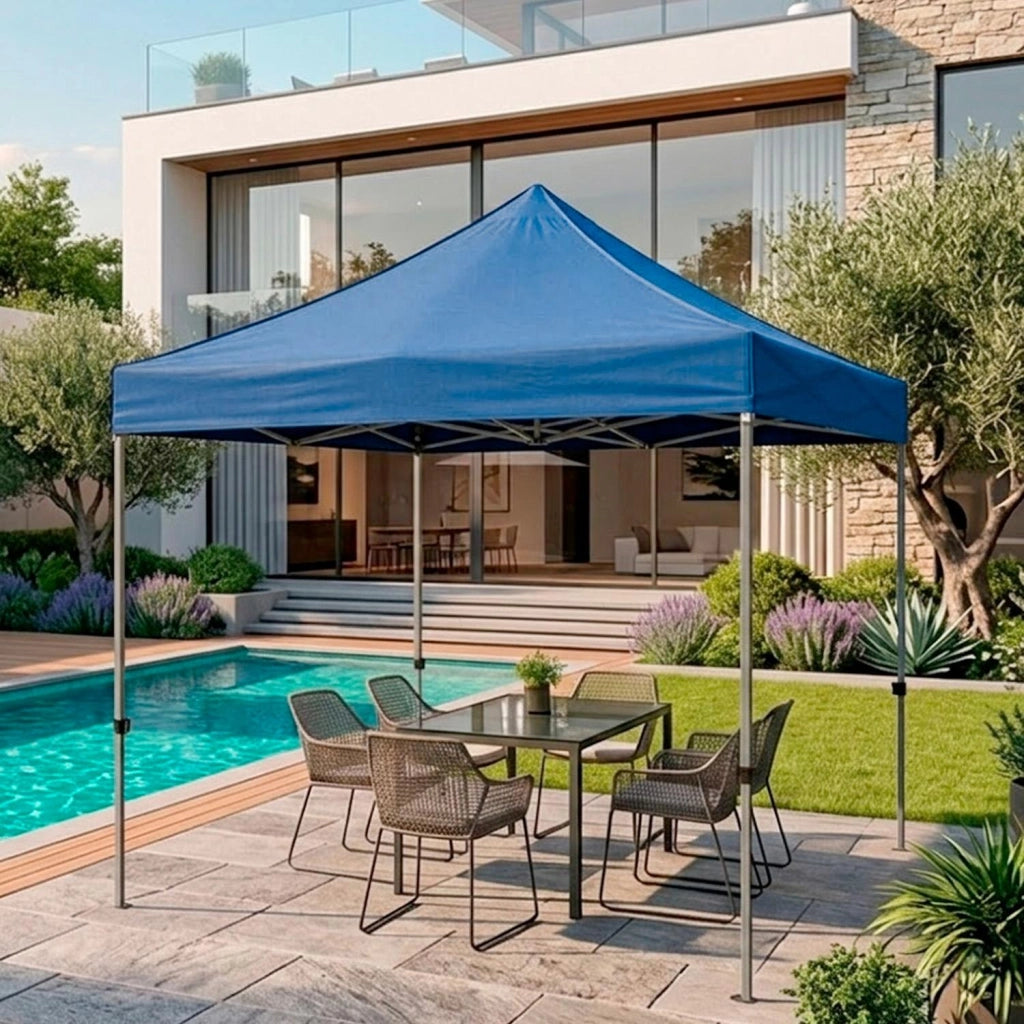 Gazebo Professionale In Acciaio Richiudibile Automatico Con Telo Oxford 1200D PVC Impermeabile E Anti UV Struttura A Fisarmonica Completo Di Sacche Zavorra E Borsa Trasporto Per Sagre Feste Eventi 3x3 M Blu