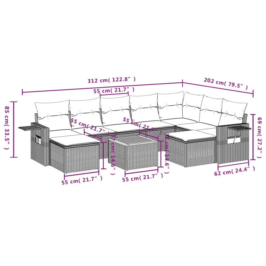 Set Divano da Giardino 10 pz con Cuscini Beige in Polyrattan