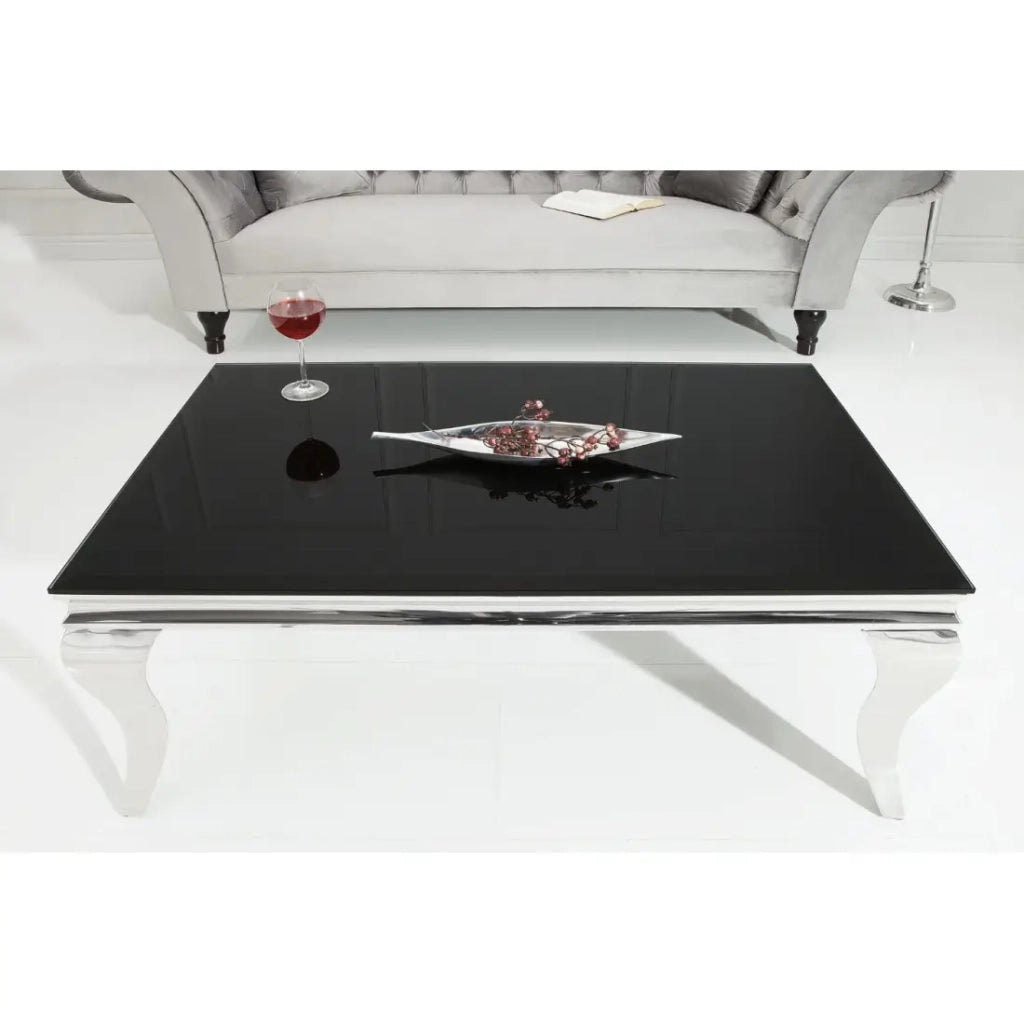 Tavolino basso VELENA 100 cm argentato con vetro temperato nero – Gambe curve in stile barocco