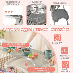 Seggiolone Pappa Pieghevole per Bambini, Seggiolone Portabile con Schienale e Altezza Regolabili, con Ruote, per Bambini 6-36 Mesi, Grigio (Viola)