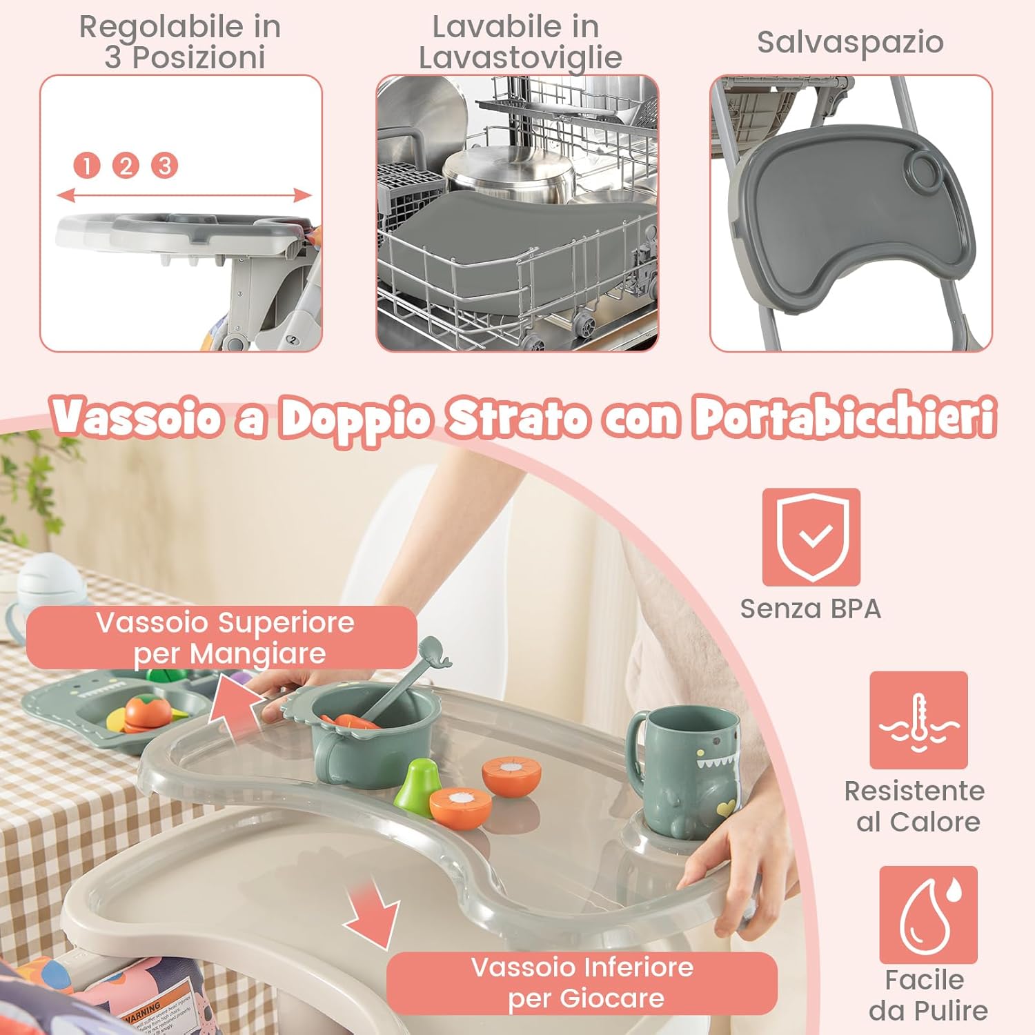 Seggiolone Pappa Pieghevole per Bambini, Seggiolone Portabile con Schienale e Altezza Regolabili, con Ruote, per Bambini 6-36 Mesi, Grigio (Viola)