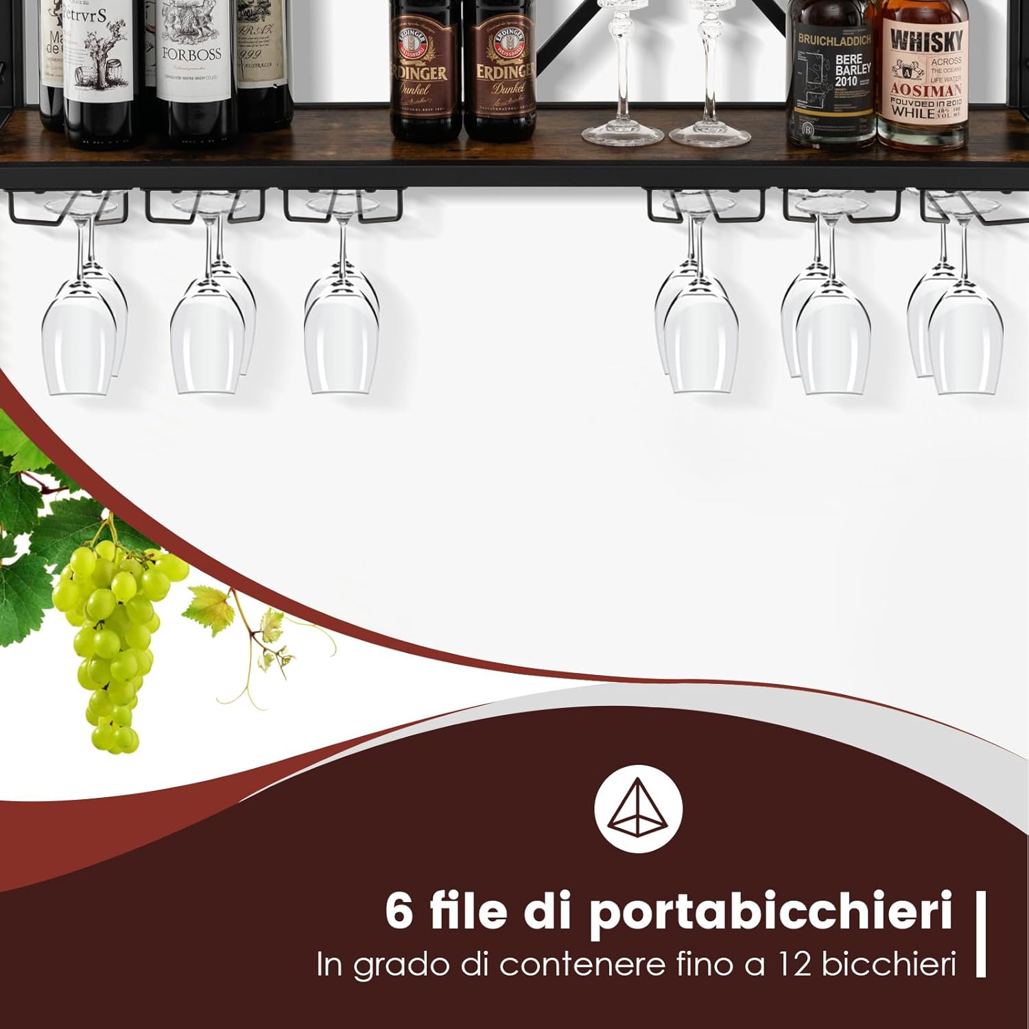Portabottiglie da Parete, Scaffale per Esposizione di Vino con 6 File di Portabicchieri, Scaffale per Conservare 39 Bottiglie e 12 Bicchieri, Adatto per Cucina, Soggiorno, Sala da Pranzo