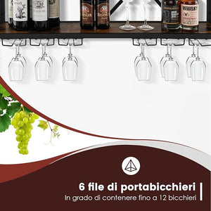 Portabottiglie da Parete, Scaffale per Esposizione di Vino con 6 File di Portabicchieri, Scaffale per Conservare 39 Bottiglie e 12 Bicchieri, Adatto per Cucina, Soggiorno, Sala da Pranzo