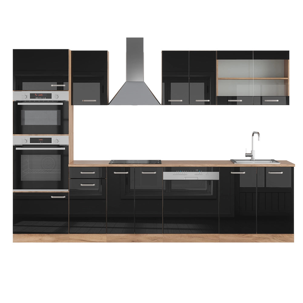 Vicco Cucina componibile Rovere nero/oro lucido 300 cm con armadio alto, PL Rovere