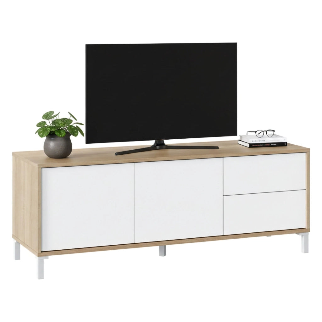 Mobile porta TV Alva, Credenza per televisione a 2 ante, Supporto TV da soggiorno, Mobile porta TV, Madia per salotto, cm 151x41h80, Rovere e Bianco