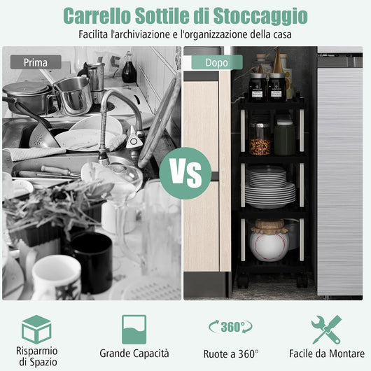 Carrello Sottile a 4 Piani, Scaffale per Cucina con Ruote Bloccabili, Ganci Laterali, Scaffale di Stoccaggio Multiuso, Carrello Estraibile per Cucina Garage Ufficio, 40x21x59,5 cm