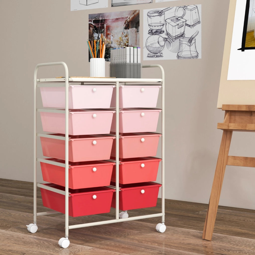 Carrello a 10 cassetti multiuso con ruote, Organizzatore per carta da scrapbooking e utensili da ufficio Rosa-Armadi da ufficio