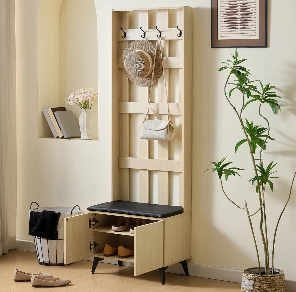 Garderoba da ingresso con panca e 4 ganci; 60x35x179;5 cm; MDF effetto legno