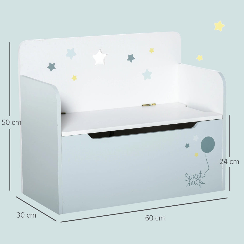 Panca Contenitore con Schienale in Legno per Bambini da 3-6 Anni, 60x30x50 cm, Azzurro
