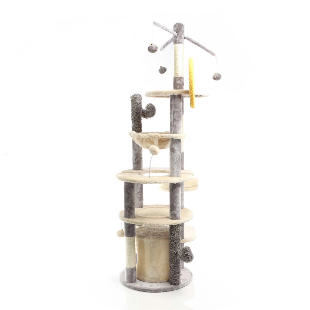 Fudajo Albero tiragraffi per gatti grigio chiaro 172 cm con casetta amaca e palline