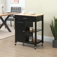Carrello Cucina in Legno con Cassetto, Armadietto e 2 Ripiani Aperti, 2 Ruote con Freno, 83x45x88 cm, Nero