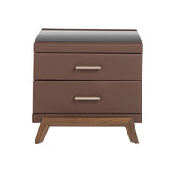 Comodino in similpelle, noce con piano in vetro nero