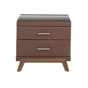 Comodino in similpelle, noce con piano in vetro nero