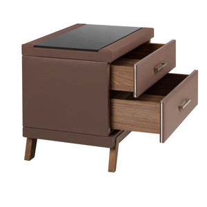 Comodino in similpelle, noce con piano in vetro nero