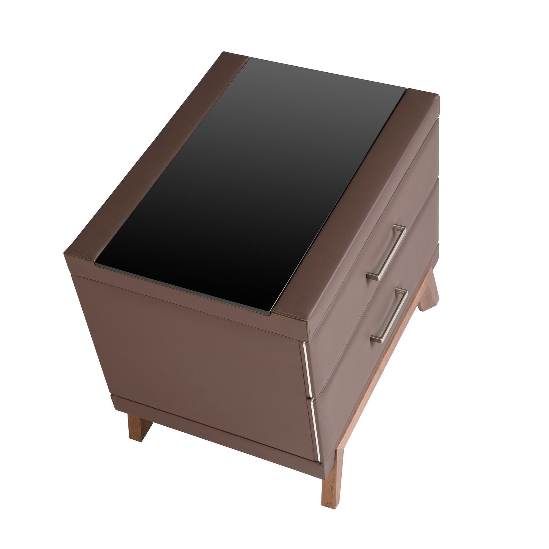 Comodino in similpelle, noce con piano in vetro nero