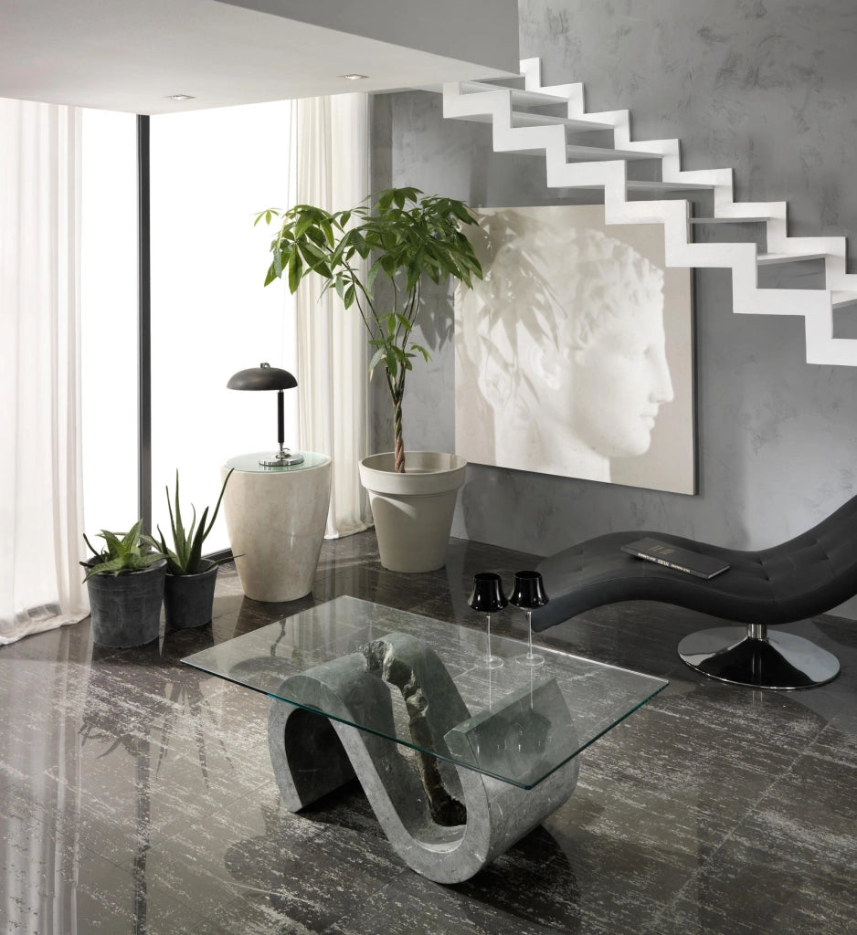 Flexus Tavolino Rettangolare con Base in Pietra Fossile Gray Stone e Top in Vetro Temperato Trasparente - Design Moderno Esclusivo
