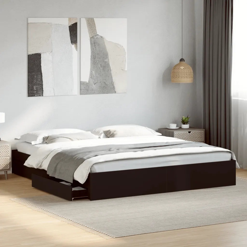 Letto matrimoniale | Letto per adulti | Giroletto con Cassetti Nero 200x200 cm in Legno Multistrato