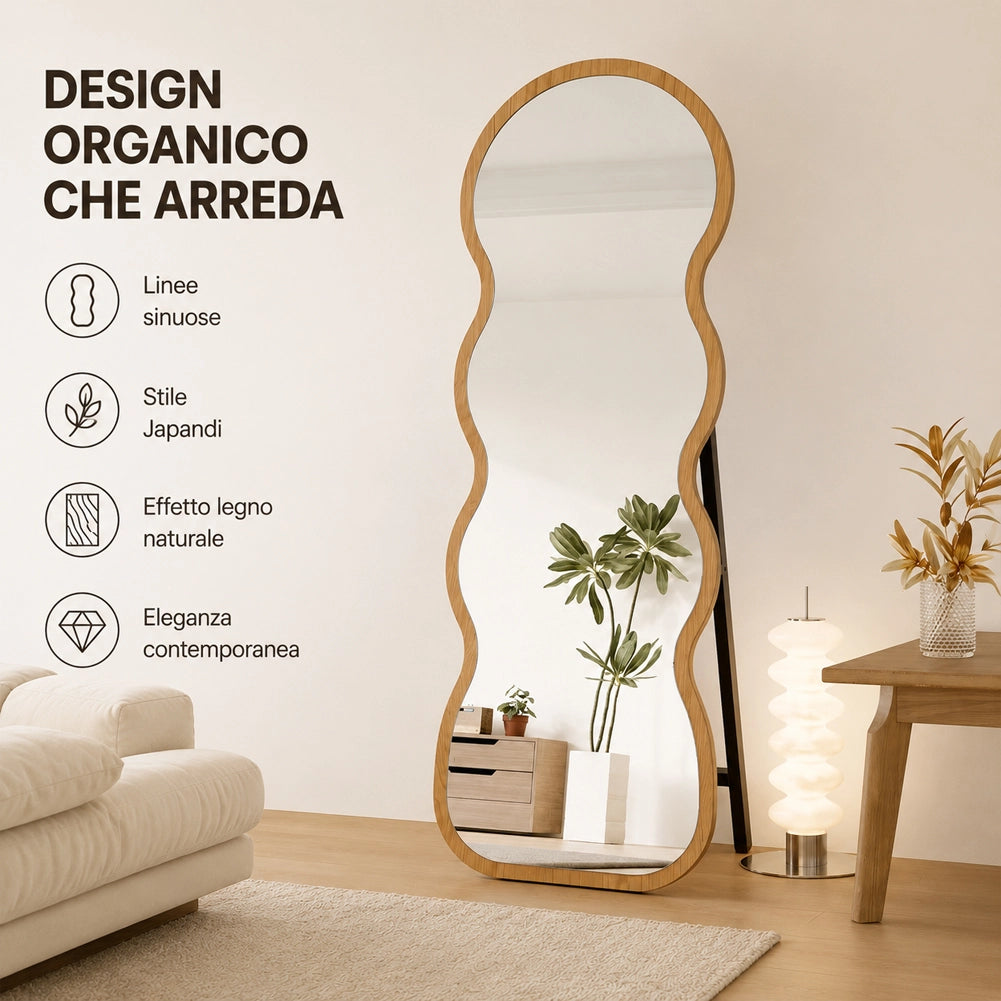 Specchio Ondulato Quercia Autoportante Struttura in Legno Design Moderno 160x60cm