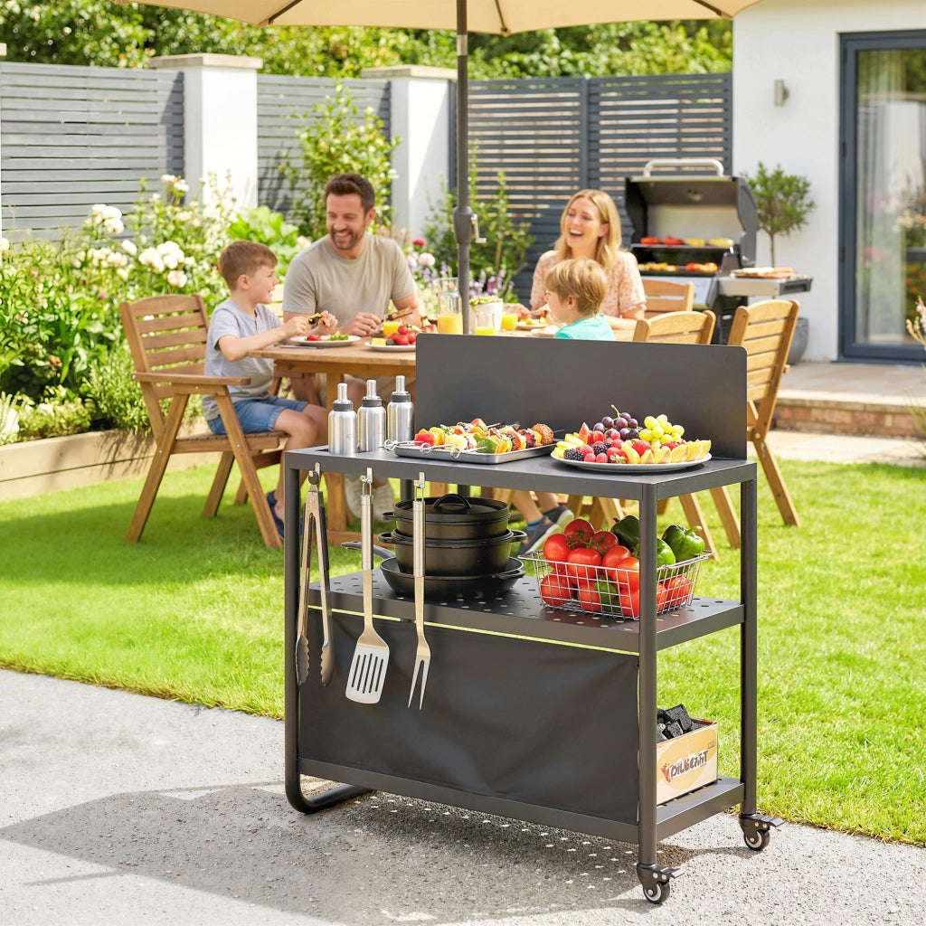 Carrello Barbecue Mobile 3 Livelli con Paravento ¨C zephmum ¨C 100x46x110cm Nero