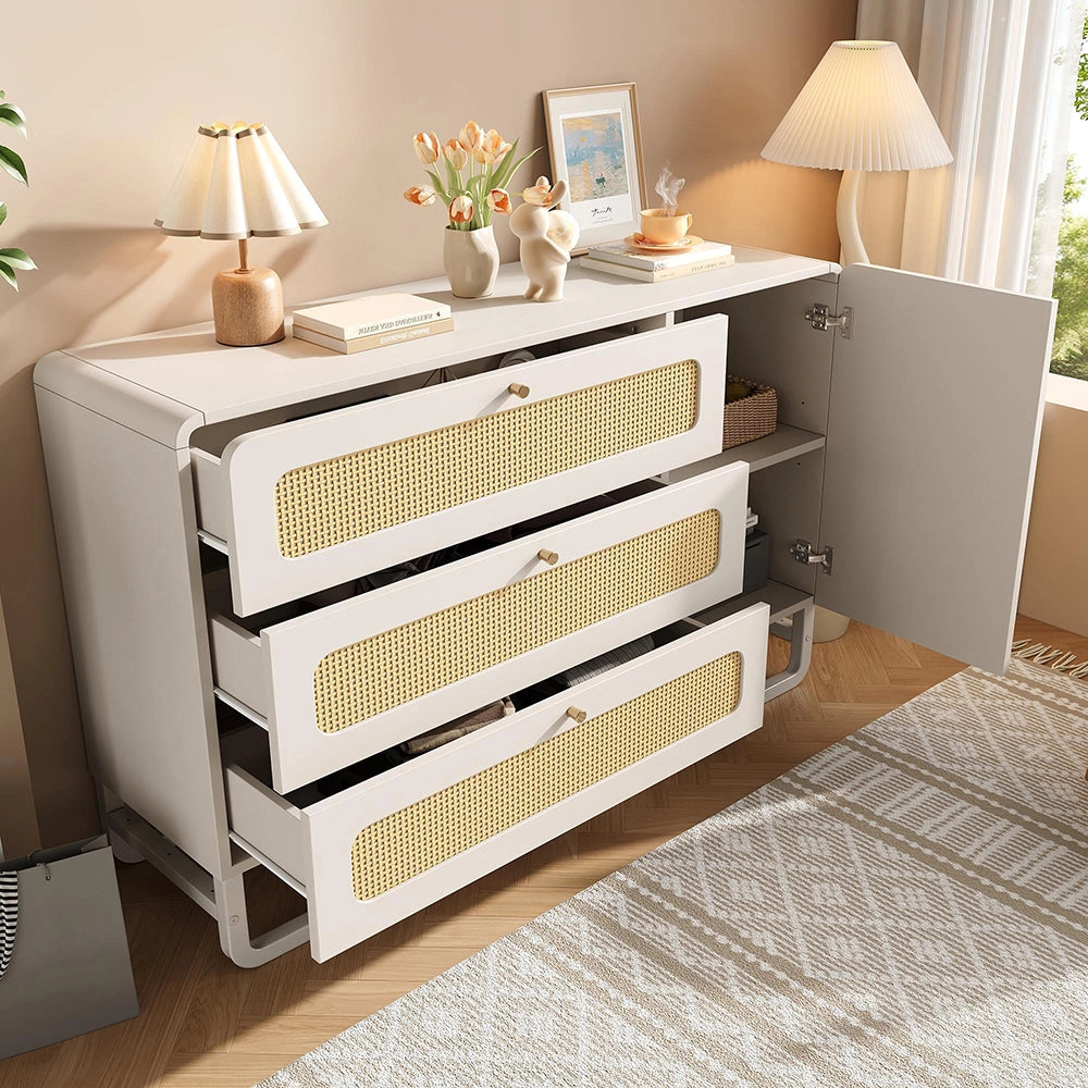 Credenza Stile Cottage 120x85x40cm - Xylo - Bianco con 3 Cassetti e Maniglie Vimini