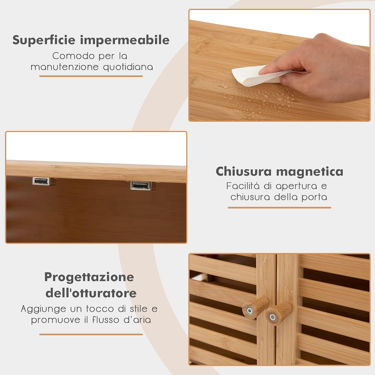 Mobile da Bagno in Bambù, Armadietto da Bagno con Ripiano Aperto e Doppie Porte, Ripiano Rimovibile, per Bagno, Soggiorno, Cucina, Ingresso, 64 x 27,5 x 80 cm