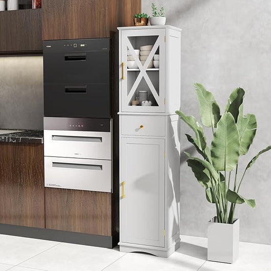 Armadietto da Bagno 40 x 30 x 168 cm, Colonna Bagno con Cassetto, 2 Ante e 3 Ripiani Regolabili, Mobiletto Salvaspazio per Cucina, Soggiorno e Ufficio (Bianco)