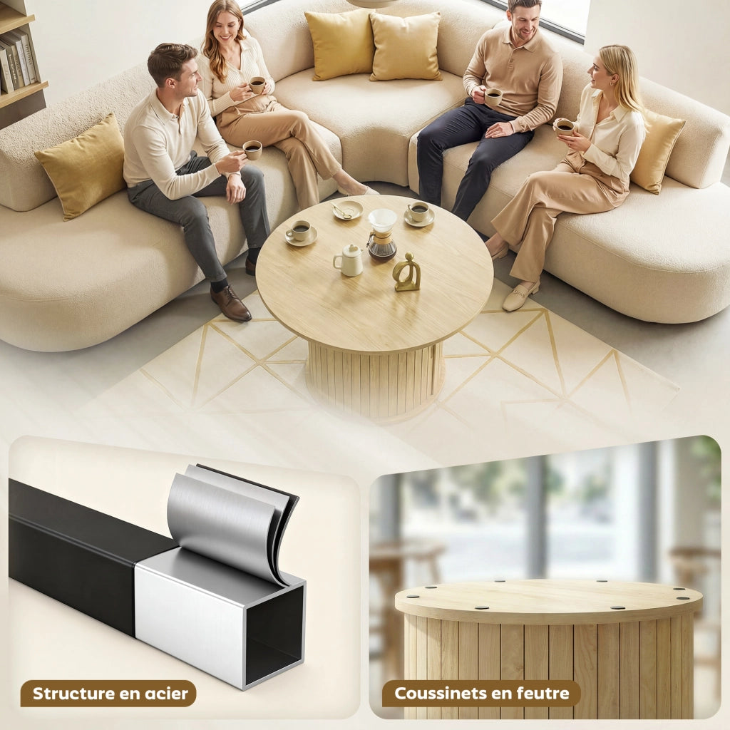 Tavolino da salotto rotondo con ripiani e porta scorrevole ¨C Minimal ¨C effetto legno naturale