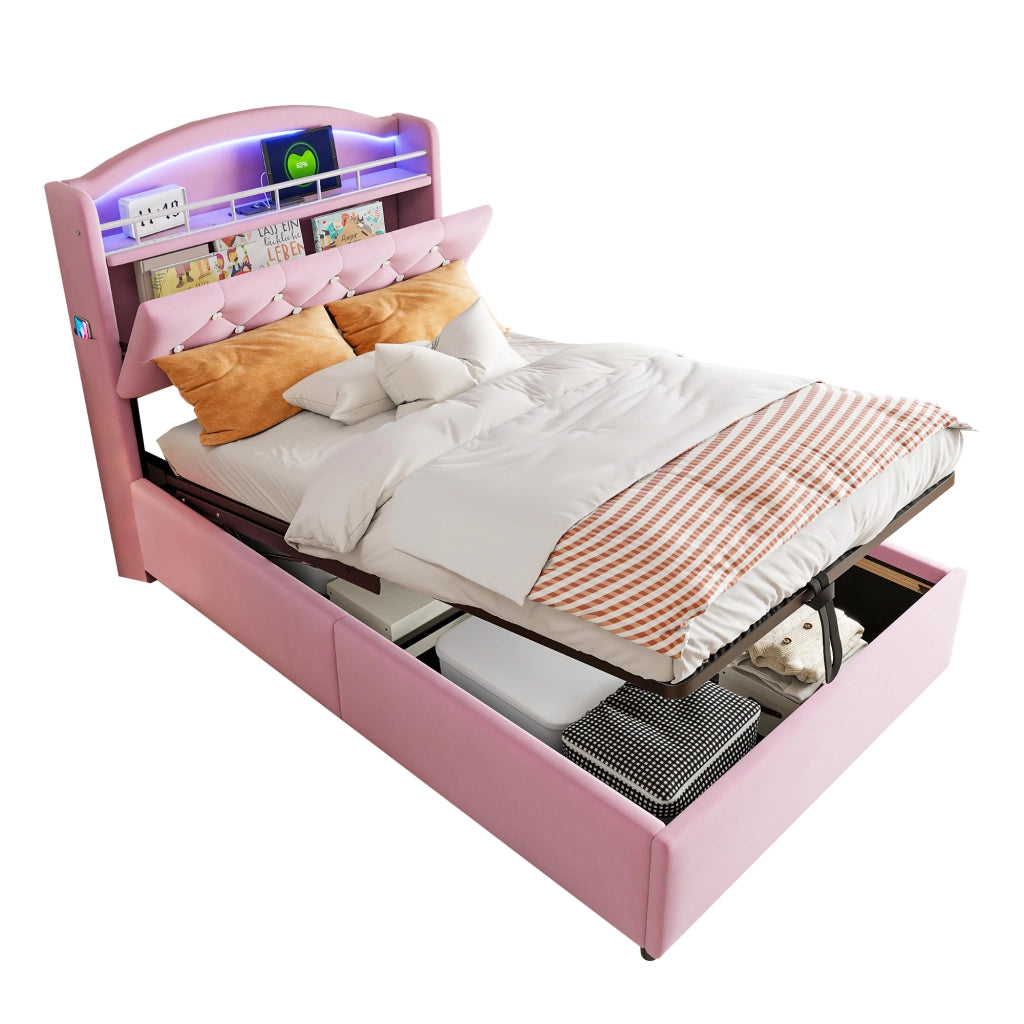 OKWISH Letto Contenitore 90×200 cm, Letto Singolo con LED Regolabile, USB, Type-C e Contenitore, senza Materasso, in Tessuto, Rosa