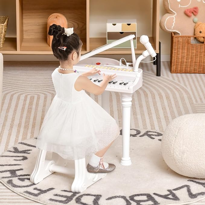 Tastiera Pianoforte a 31 Tasti con Microfono e Sgabello, Pianoforte Giocattolo Portatile con Modalità di Insegnamento a LED, Pianoforte a Coda per Bambini 3+ Anni (Bianco), 35 x 30 x 55 cm