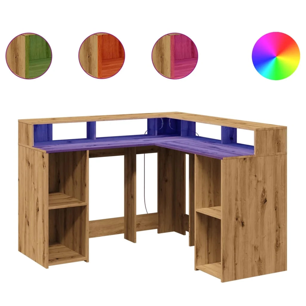Scrivania da ufficio postazione di lavoro mobile per computer scrivania da studio con luci a LED rovere lavorato a mano legno marrone ingegnerizzato 02_0023419