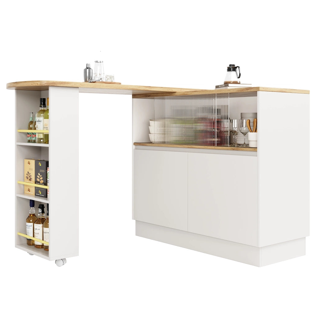 Isola cucina e mobile bar girevole 360° con ante in vetro, ripiani e cassetti, bianco in MDF