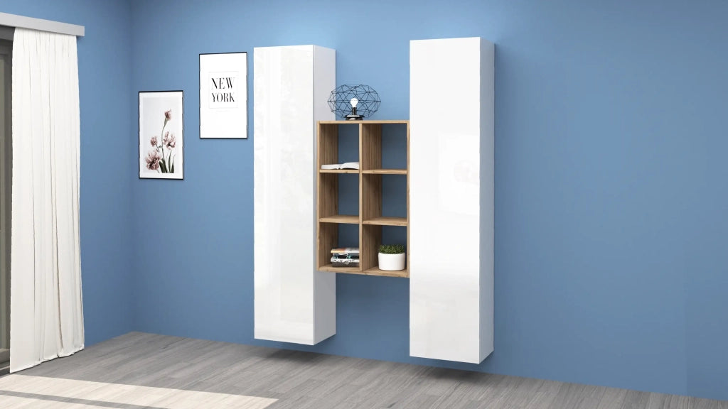 Parete attrezzata sospesa bianca 2 armadi libreria 6 ripiani Gemy WH