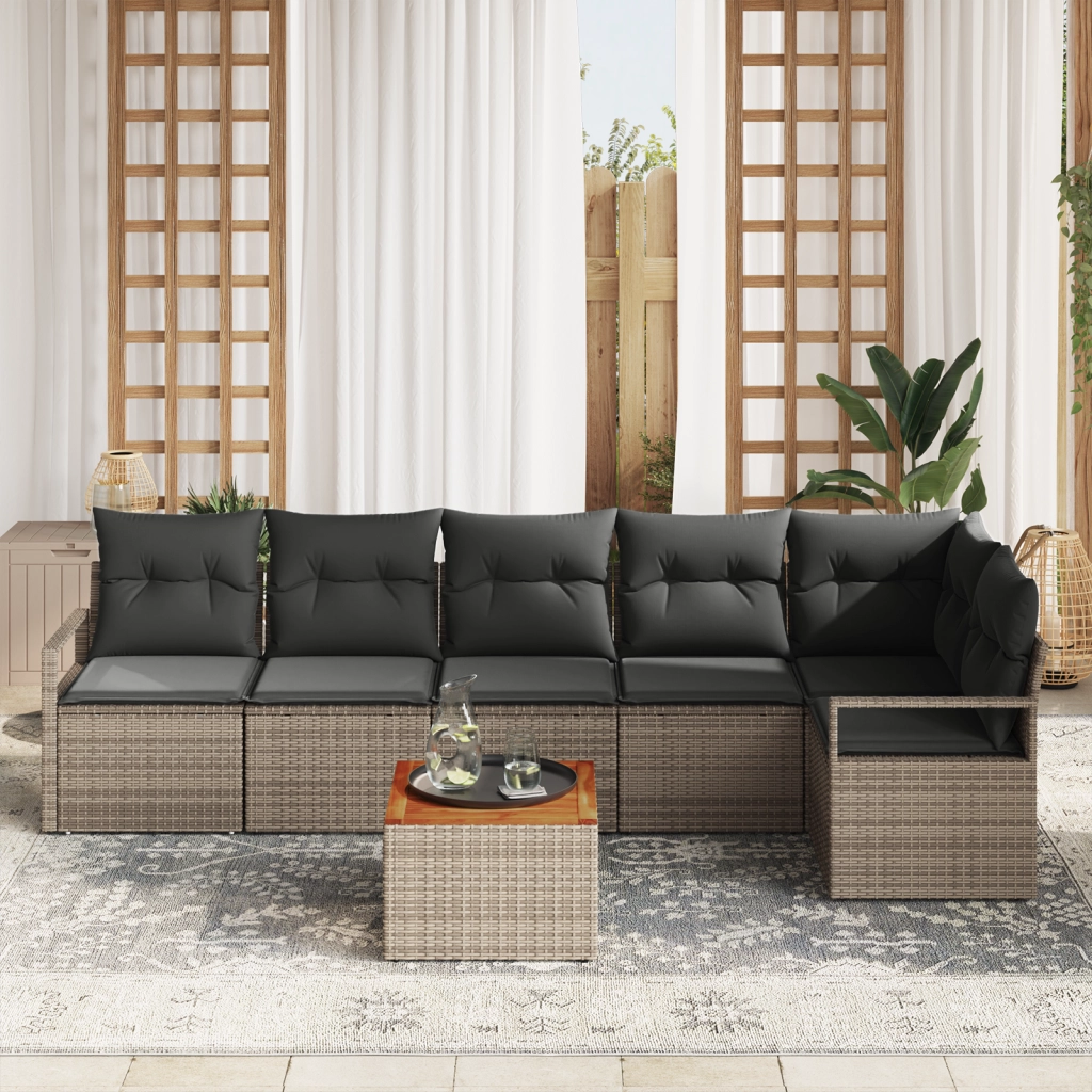 Set di Divani da Giardino  7 Pezzi con Cuscini Grigio Polyrattan Acacia