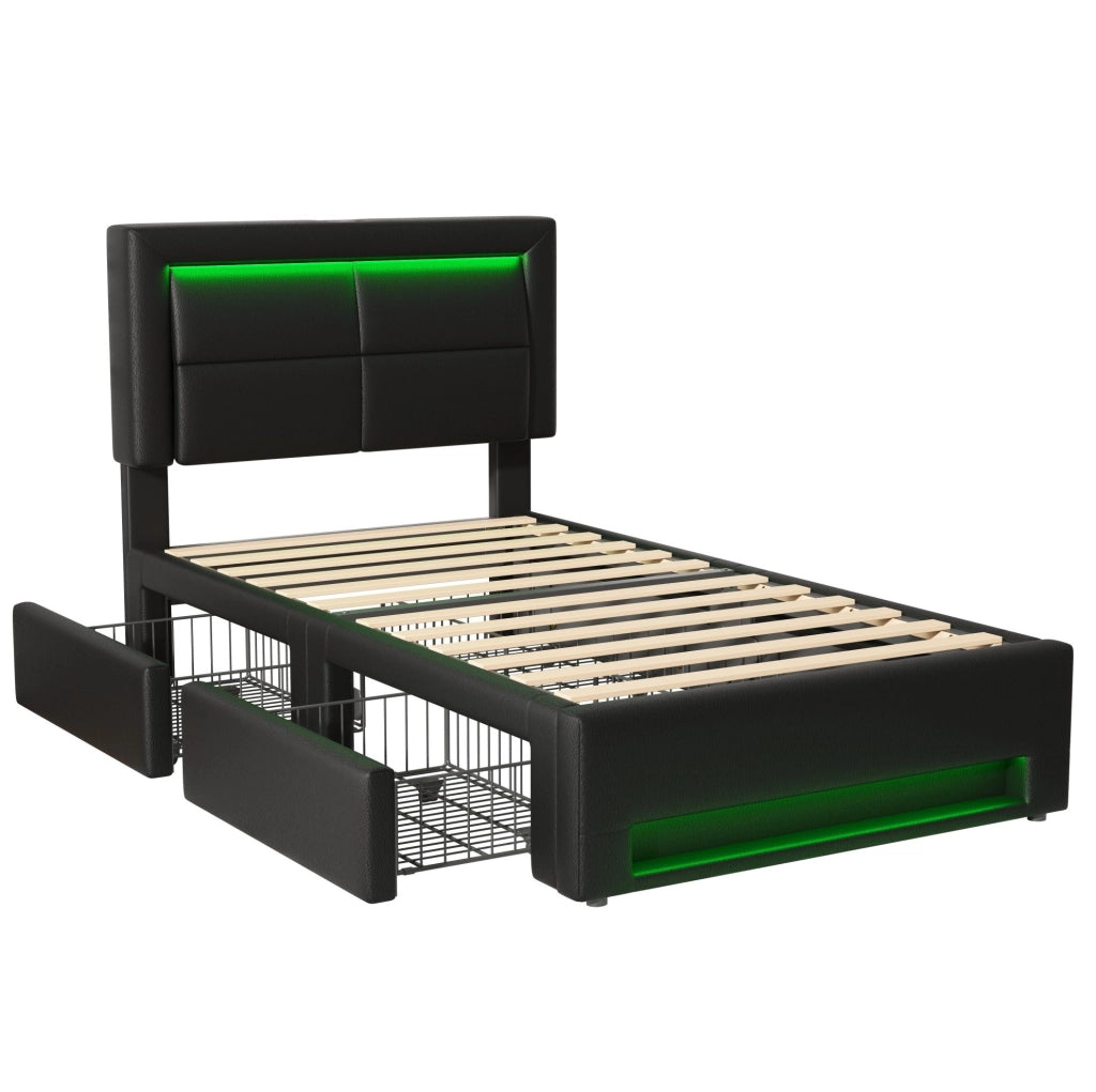 Letto imbottito 90x200 cm in PU nero con USB; LED e 4 cassetti