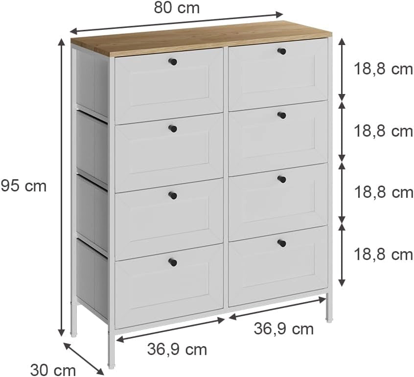 Cassettiera Belaro, Bianco, 80 x 95 cm con 8 cassetti, per riporre abiti e oggetti di uso quotidiano